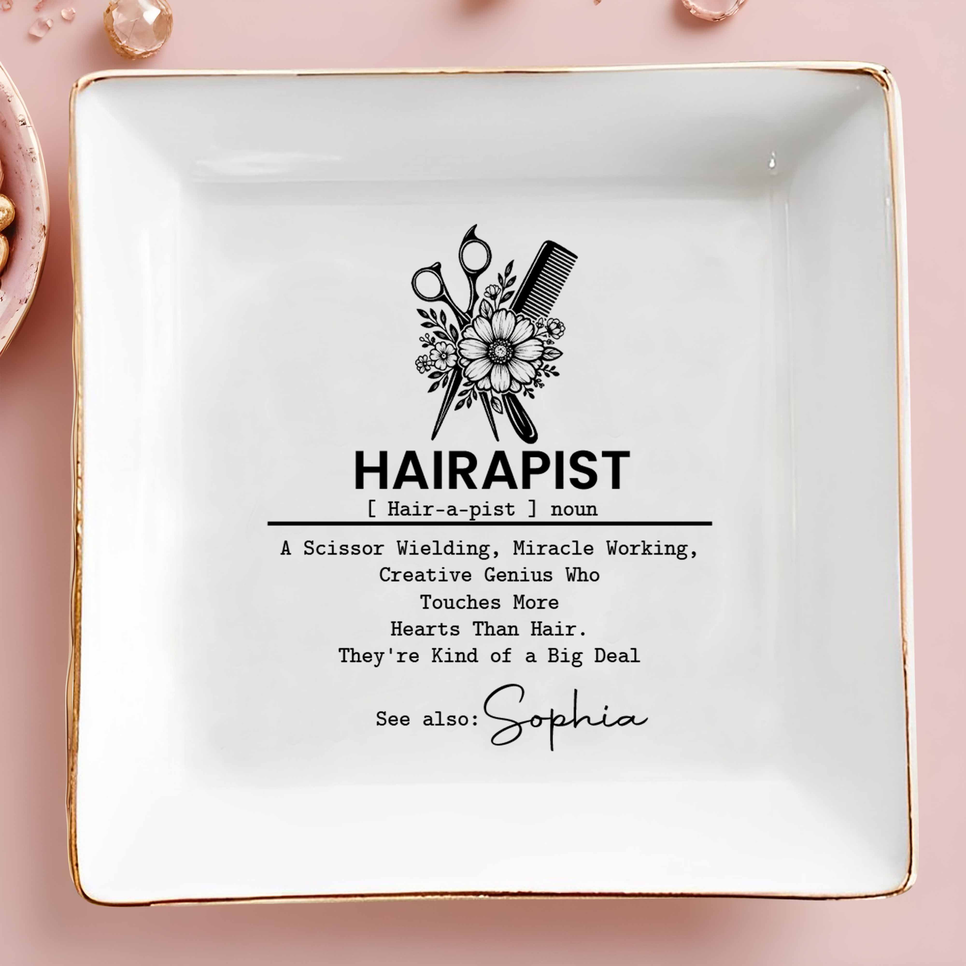 Hairapist Scissor Wielding Miracle Working With Scissors Comb And Flower - Personalized Custom Jewelry Dish, Square Ceramic Dish - HAIR019_SCRD