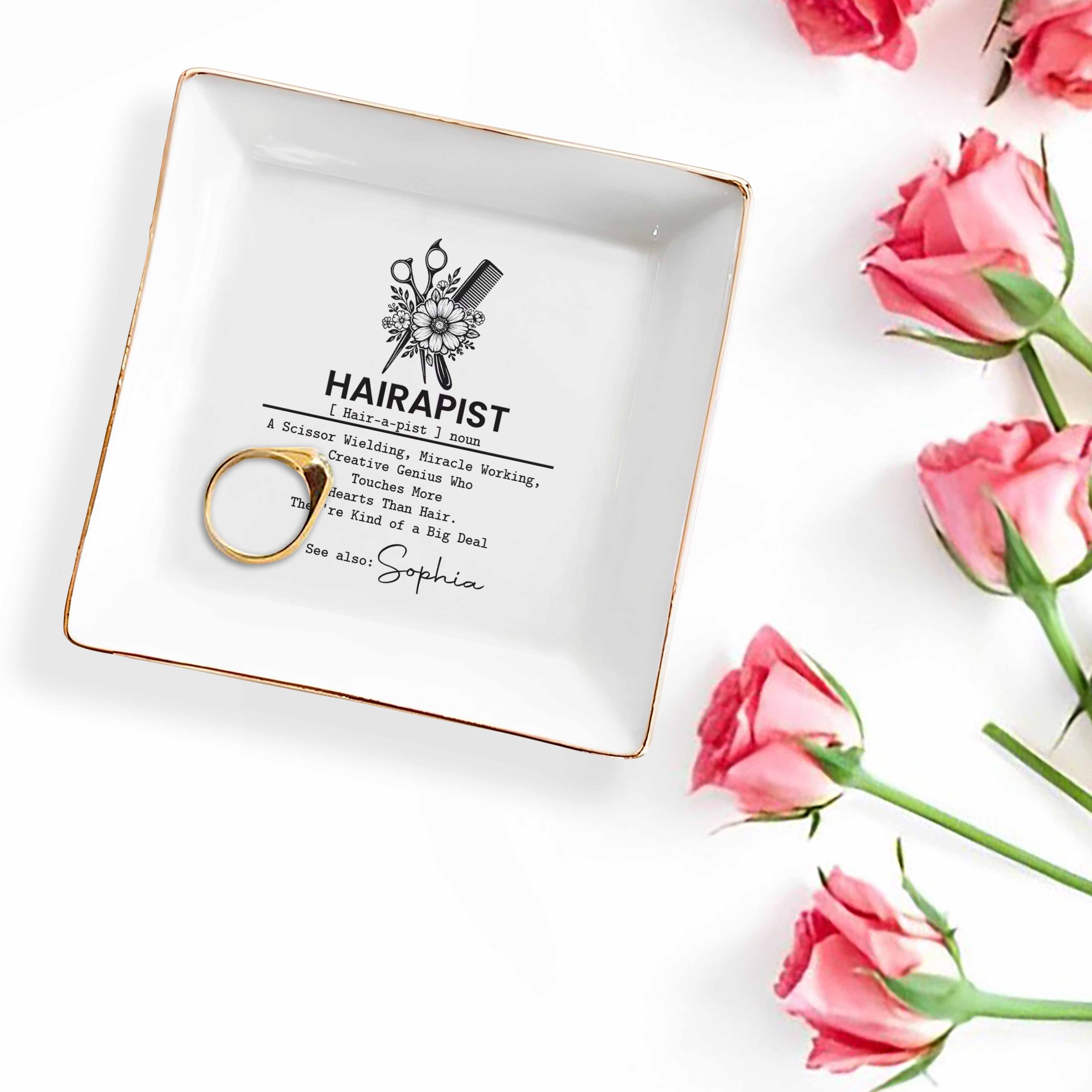 Hairapist Scissor Wielding Miracle Working With Scissors Comb And Flower - Personalized Custom Jewelry Dish, Square Ceramic Dish - HAIR019_SCRD