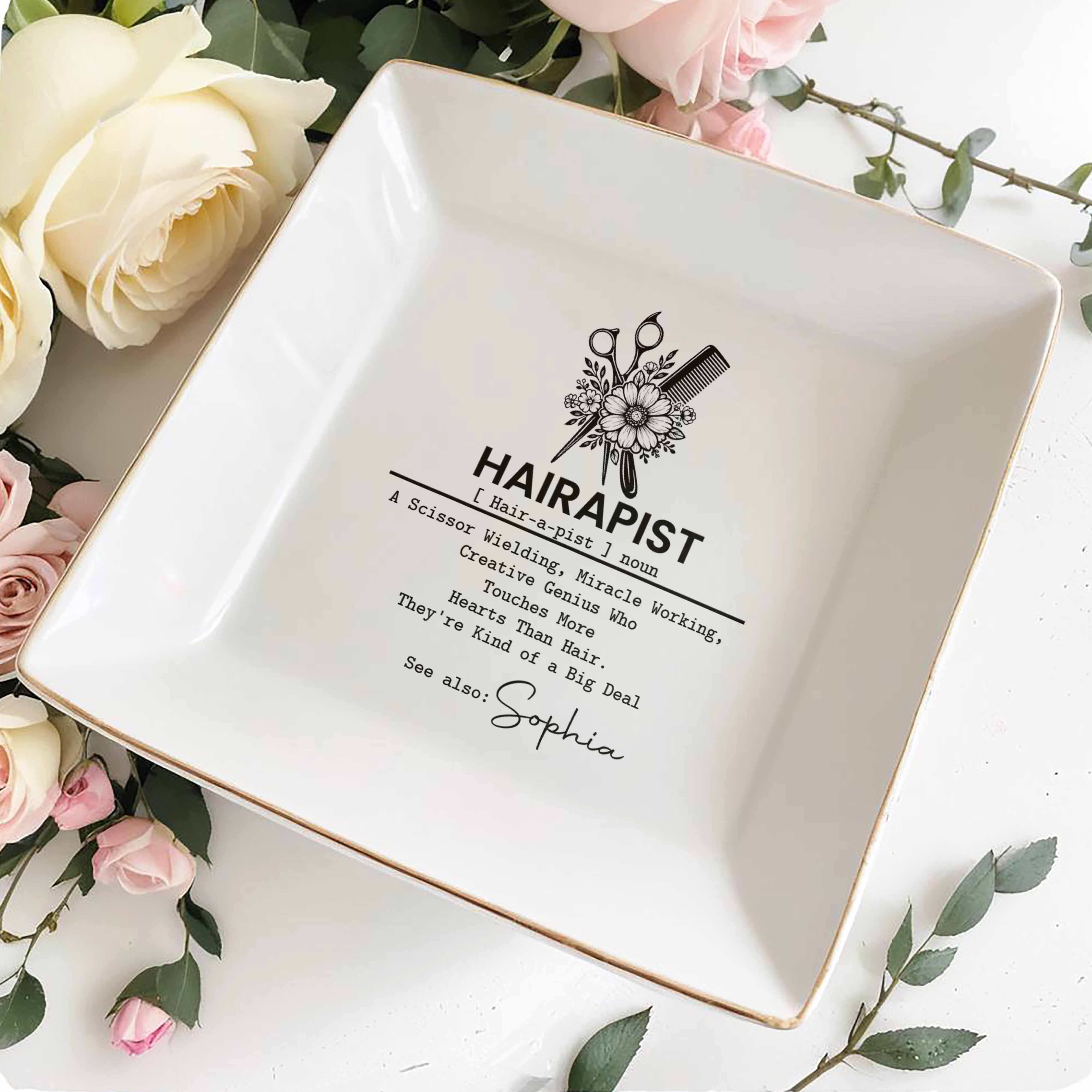 Hairapist Scissor Wielding Miracle Working With Scissors Comb And Flower - Personalized Custom Jewelry Dish, Square Ceramic Dish - HAIR019_SCRD