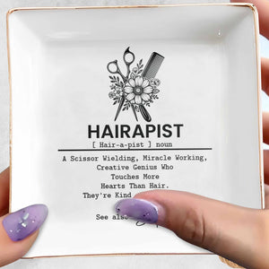 Hairapist Scissor Wielding Miracle Working With Scissors Comb And Flower - Personalized Custom Jewelry Dish, Square Ceramic Dish - HAIR019_SCRD
