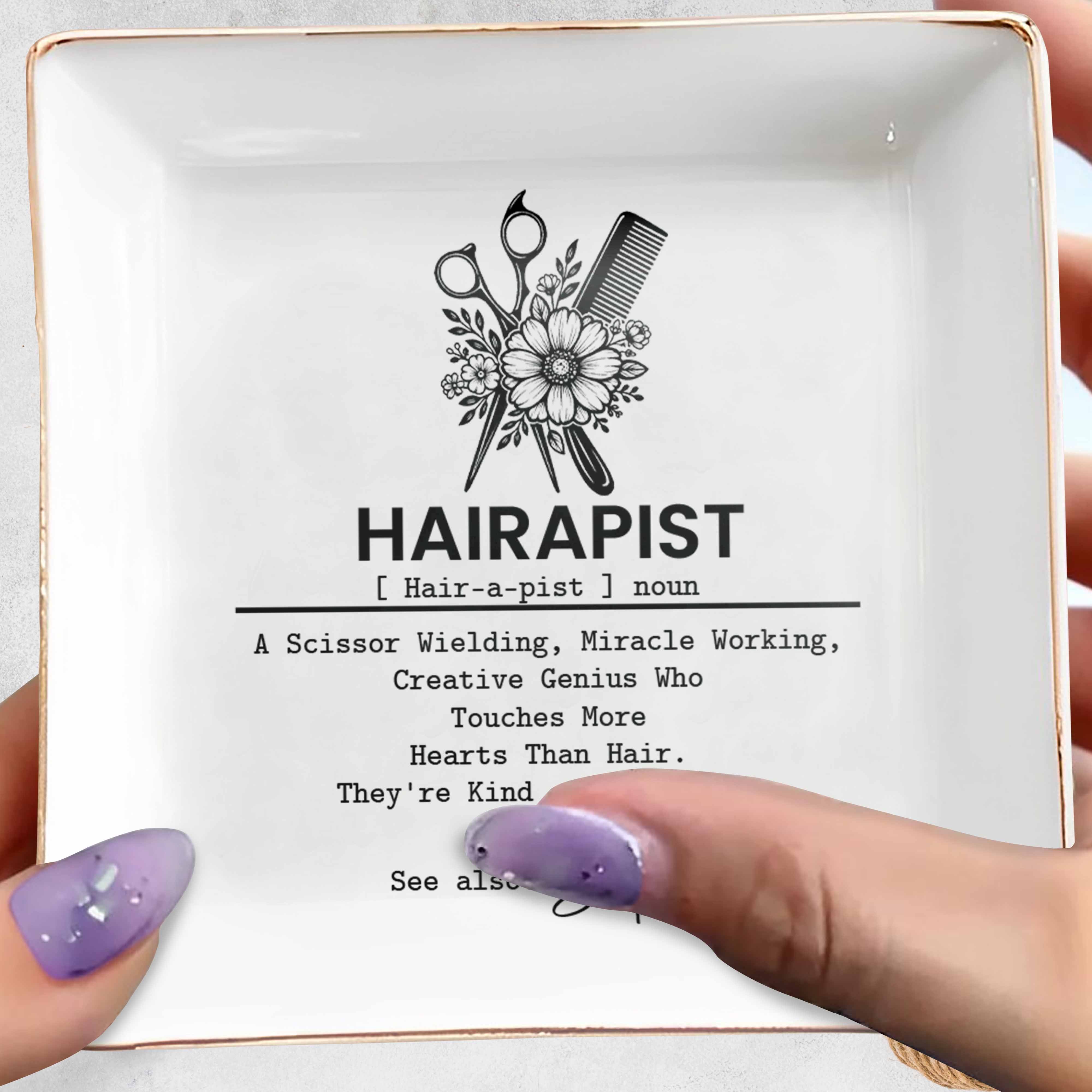 Hairapist Scissor Wielding Miracle Working With Scissors Comb And Flower - Personalized Custom Jewelry Dish, Square Ceramic Dish - HAIR019_SCRD