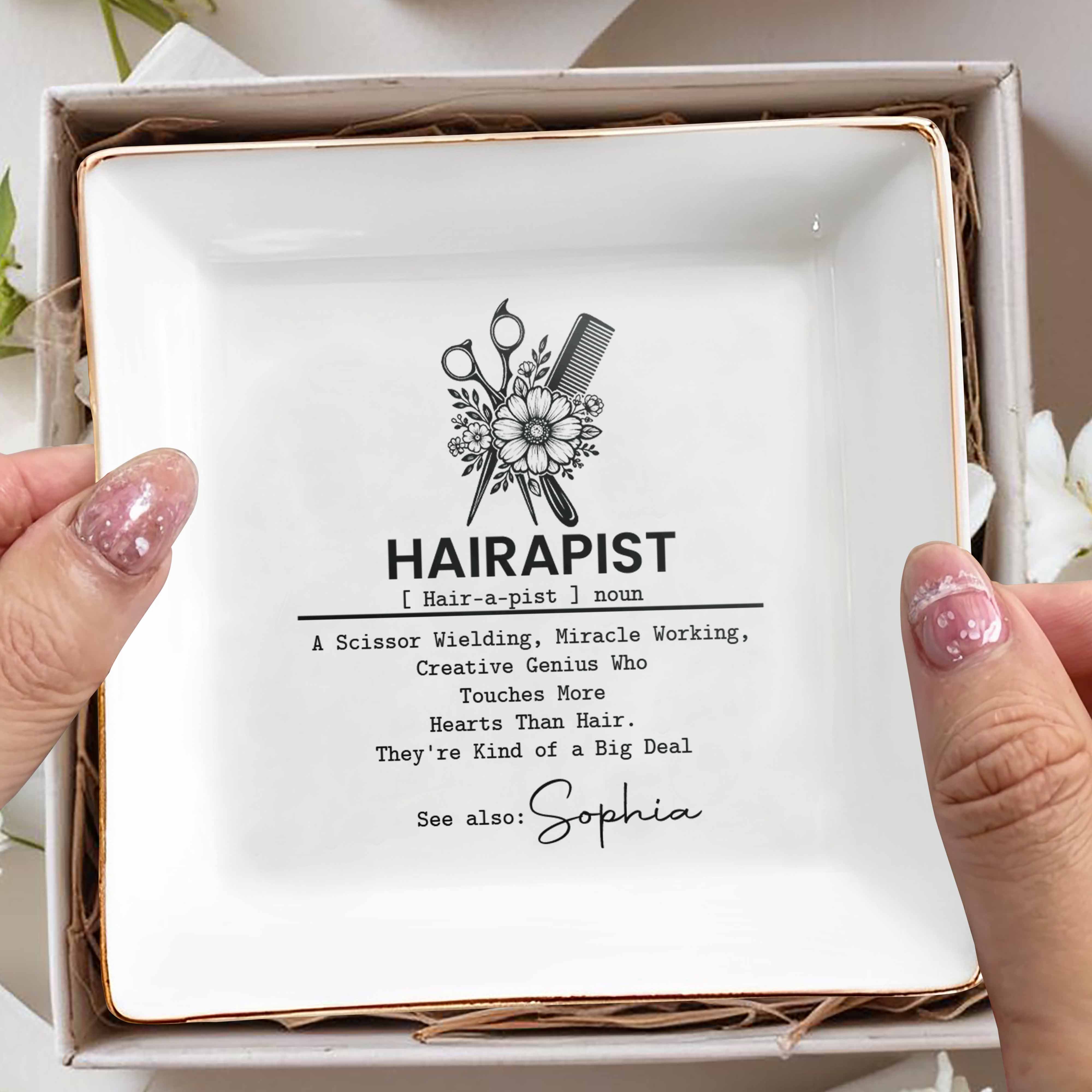 Hairapist Scissor Wielding Miracle Working With Scissors Comb And Flower - Personalized Custom Jewelry Dish, Square Ceramic Dish - HAIR019_SCRD