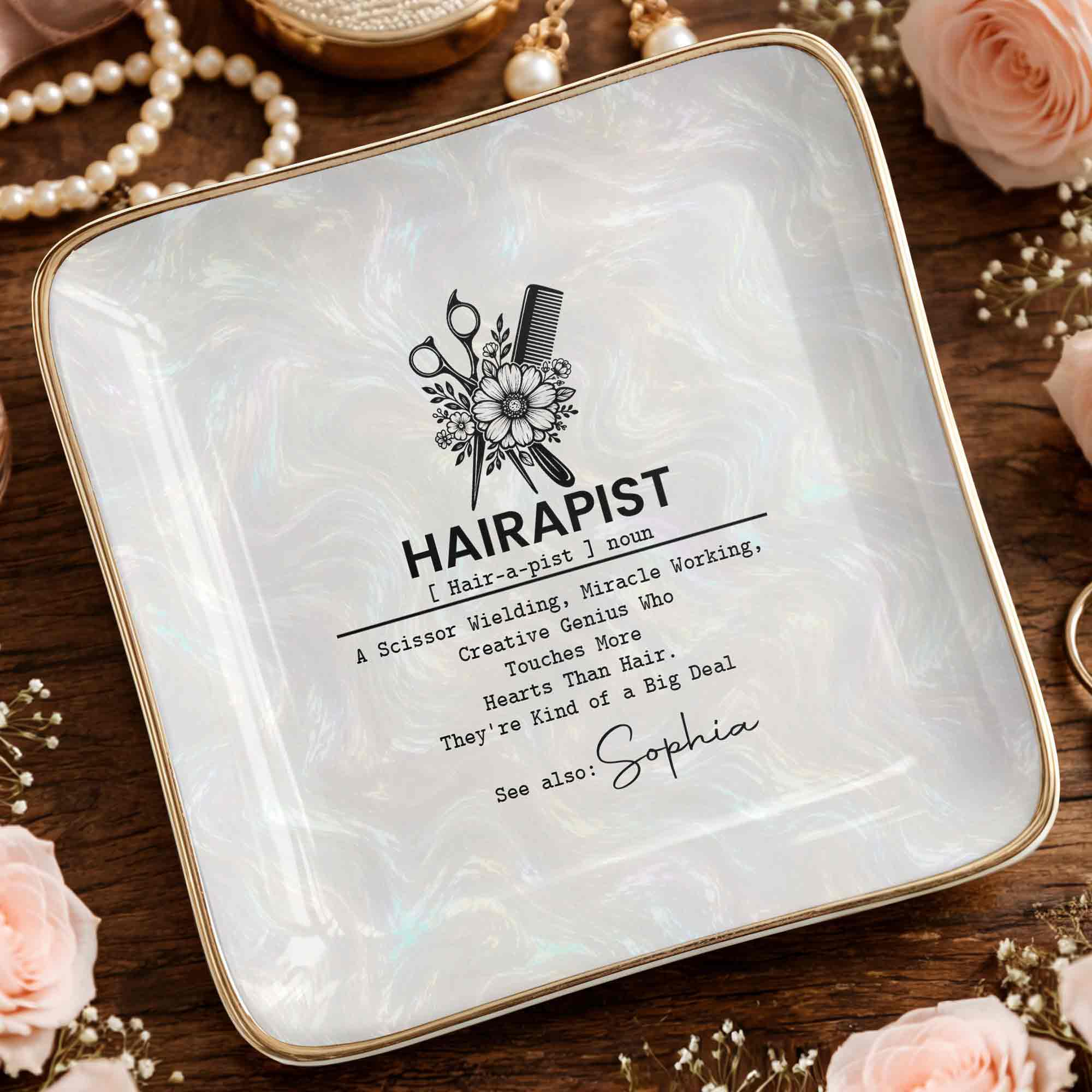 Hairapist Definition With Scissor And Flower Design - Personalized Custom Jewelry Dish, Ceramic Dish, Square Shape - HAIR019_SCRF