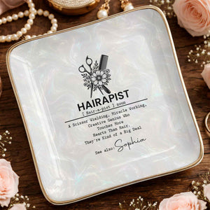 Hairapist Definition With Scissor And Flower Design - Personalized Custom Jewelry Dish, Ceramic Dish, Square Shape - HAIR019_SCRF