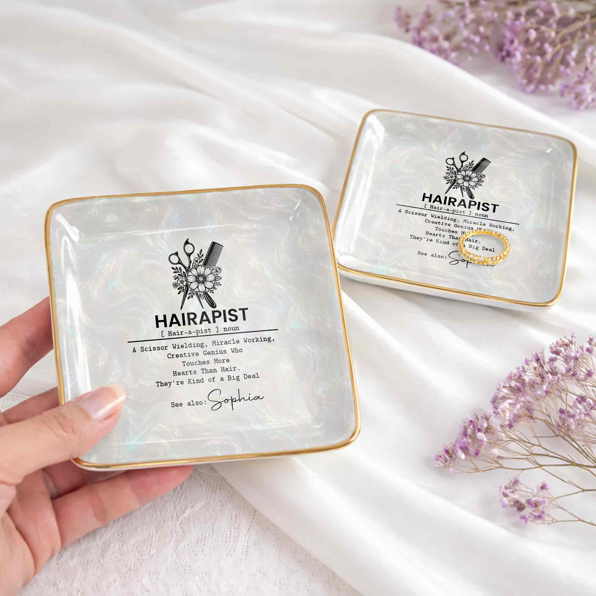 Hairapist Definition With Scissor And Flower Design - Personalized Custom Jewelry Dish, Ceramic Dish, Square Shape - HAIR019_SCRF