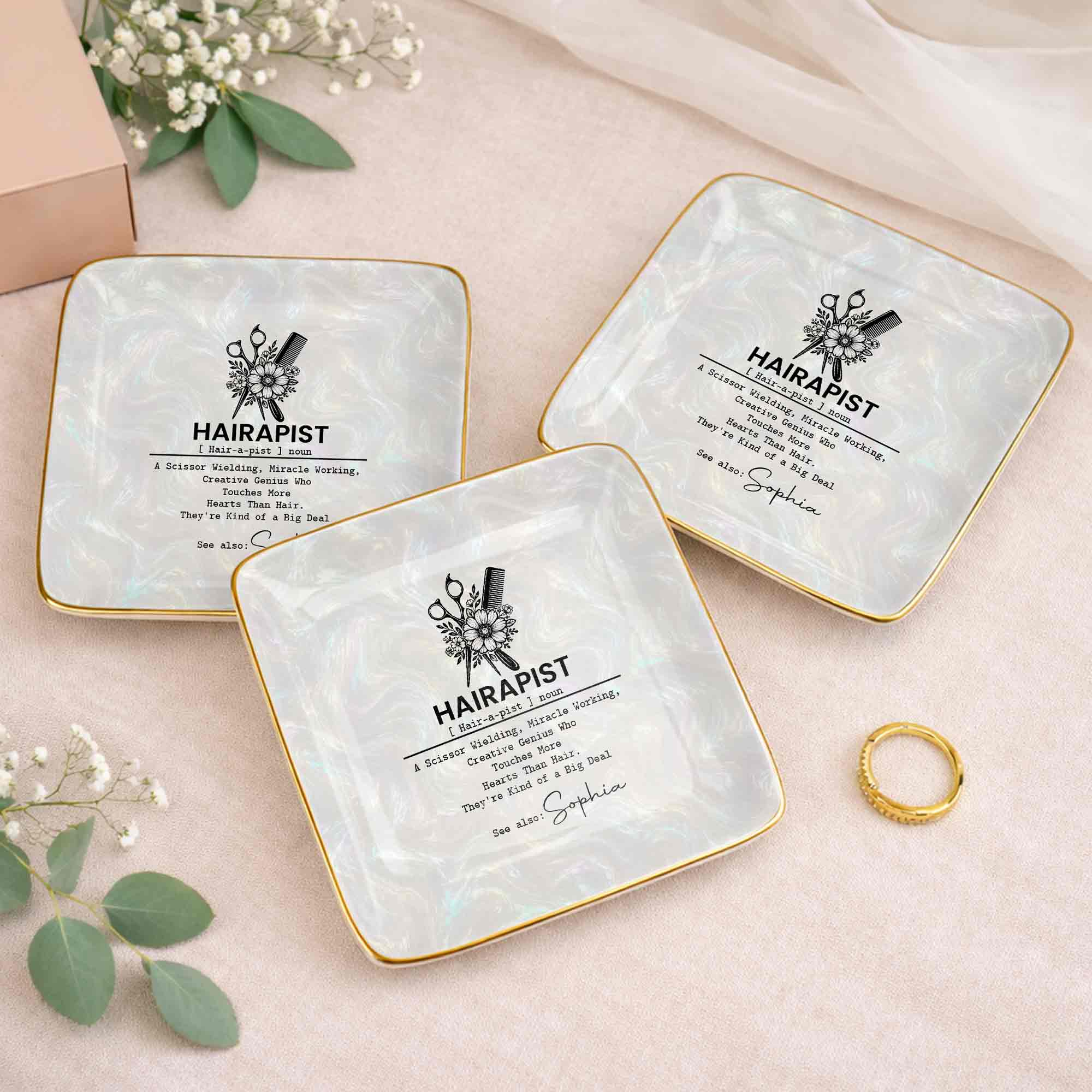 Hairapist Definition With Scissor And Flower Design - Personalized Custom Jewelry Dish, Ceramic Dish, Square Shape - HAIR019_SCRF