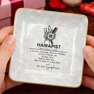 Hairapist Definition With Scissor And Flower Design - Personalized Custom Jewelry Dish, Ceramic Dish, Square Shape - HAIR019_SCRF