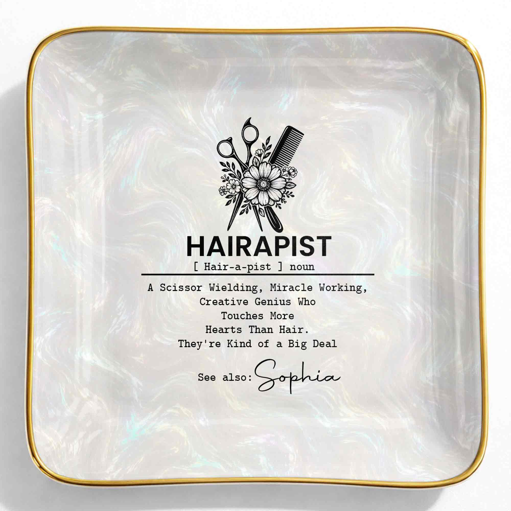 Hairapist Definition With Scissor And Flower Design - Personalized Custom Jewelry Dish, Ceramic Dish, Square Shape - HAIR019_SCRF