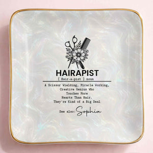 Hairapist Definition With Scissor And Flower Design - Personalized Custom Jewelry Dish, Ceramic Dish, Square Shape - HAIR019_SCRF