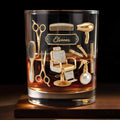 Hair Stylist Tools With Scissors And Barber Chair Custom Name - Personalized Custom Whiskey Glass - HAIR027_RWG