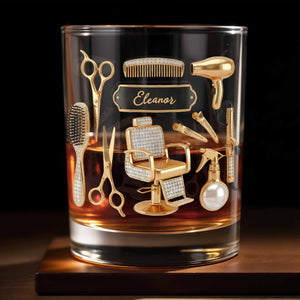 Hair Stylist Tools With Scissors And Barber Chair Custom Name - Personalized Custom Whiskey Glass - HAIR027_RWG