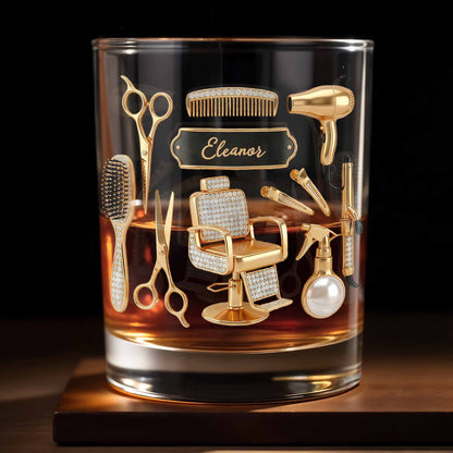 Hair Stylist Tools With Scissors And Barber Chair Custom Name - Personalized Custom Whiskey Glass - HAIR027_RWG