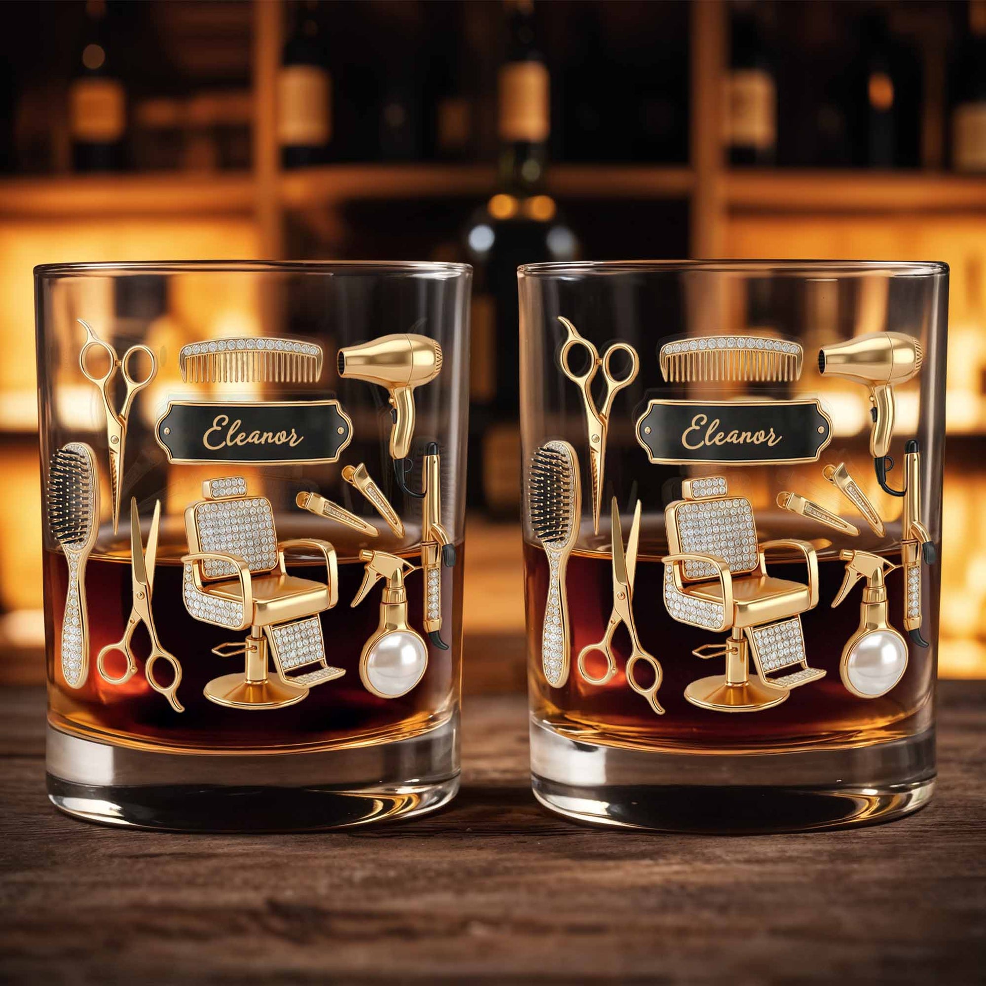 Hair Stylist Tools With Scissors And Barber Chair Custom Name - Personalized Custom Whiskey Glass - HAIR027_RWG