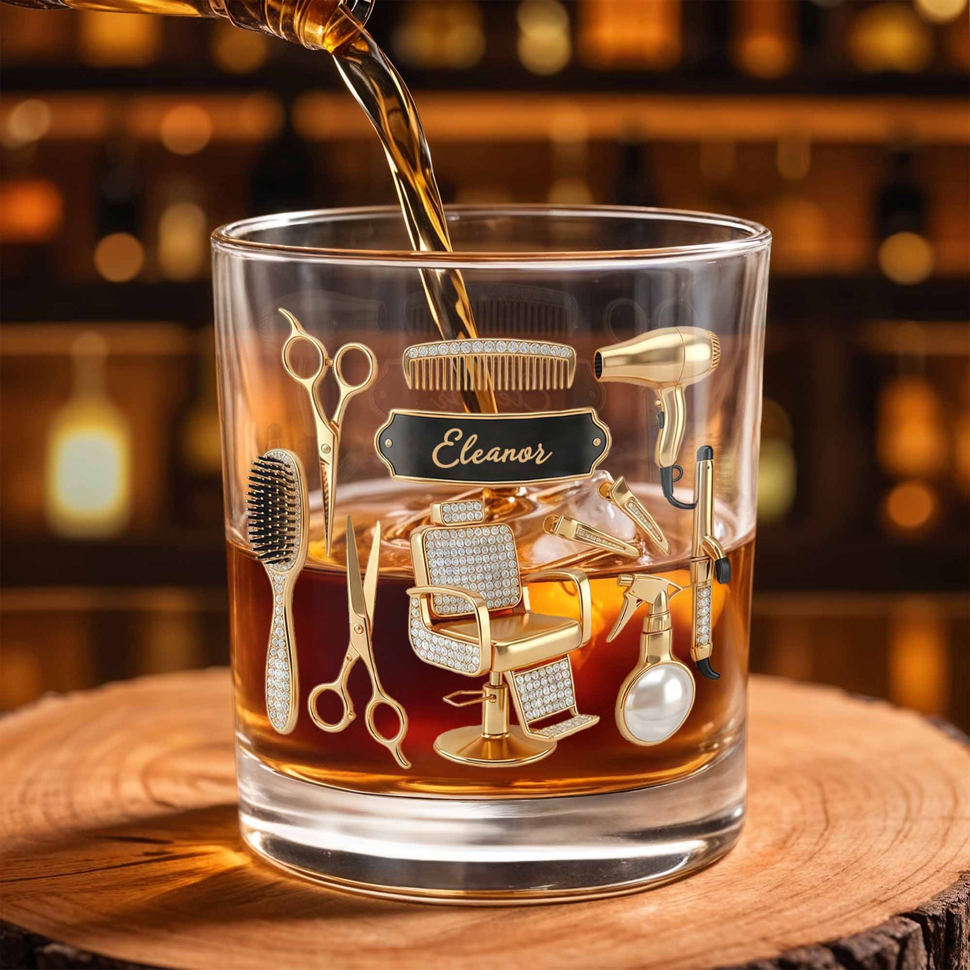 Hair Stylist Tools With Scissors And Barber Chair Custom Name - Personalized Custom Whiskey Glass - HAIR027_RWG