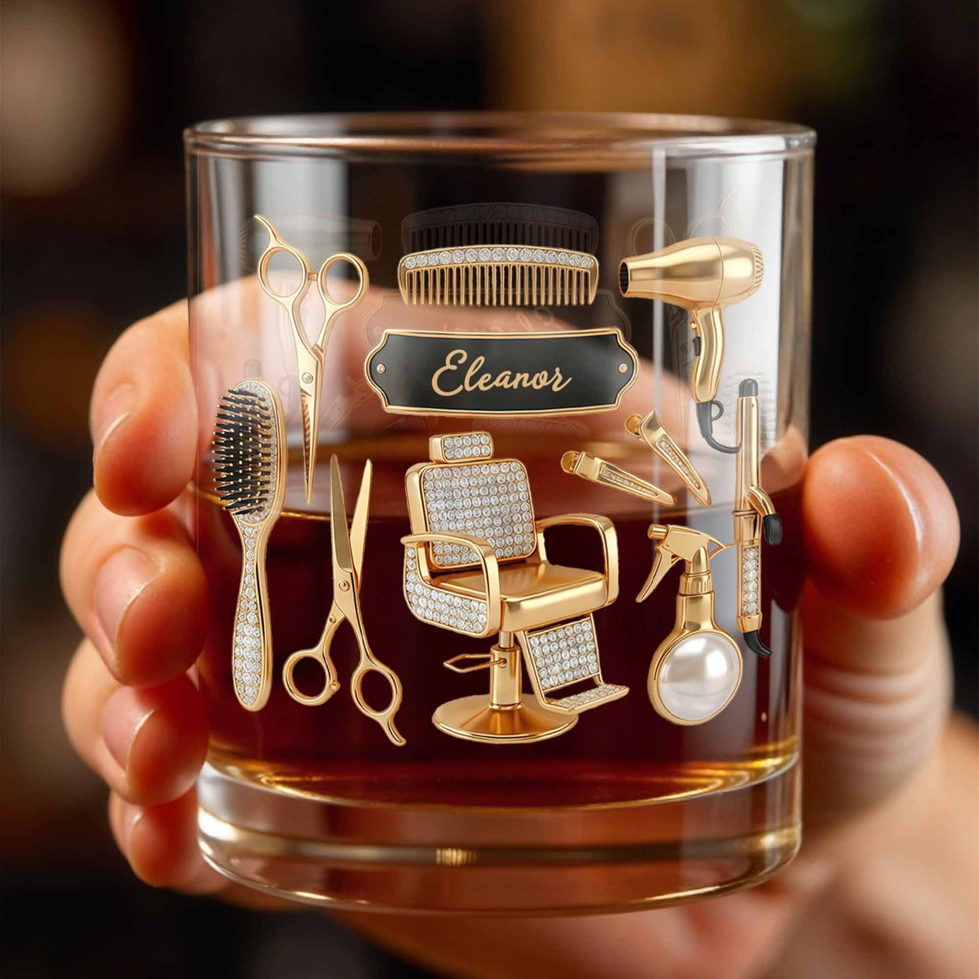 Hair Stylist Tools With Scissors And Barber Chair Custom Name - Personalized Custom Whiskey Glass - HAIR027_RWG