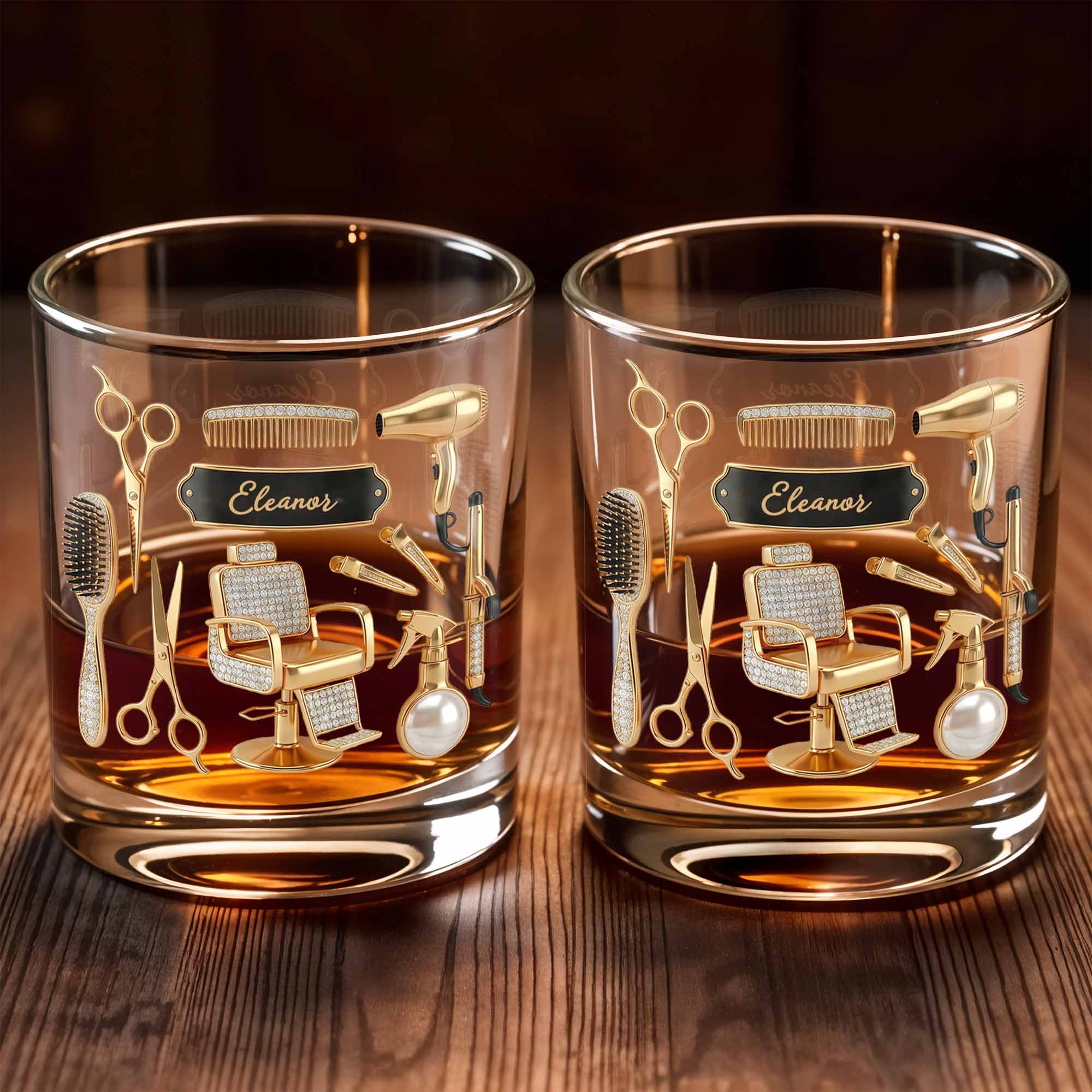 Hair Stylist Tools With Scissors And Barber Chair Custom Name - Personalized Custom Whiskey Glass - HAIR027_RWG