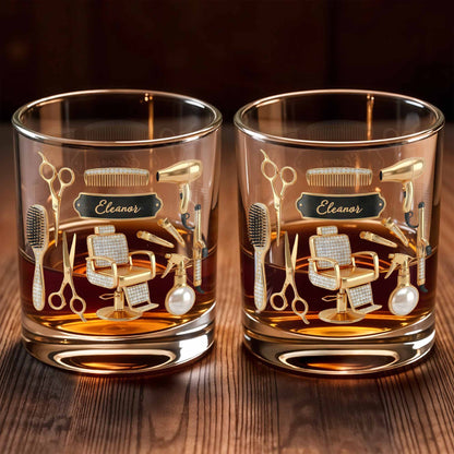 Hair Stylist Tools With Scissors And Barber Chair Custom Name - Personalized Custom Whiskey Glass - HAIR027_RWG
