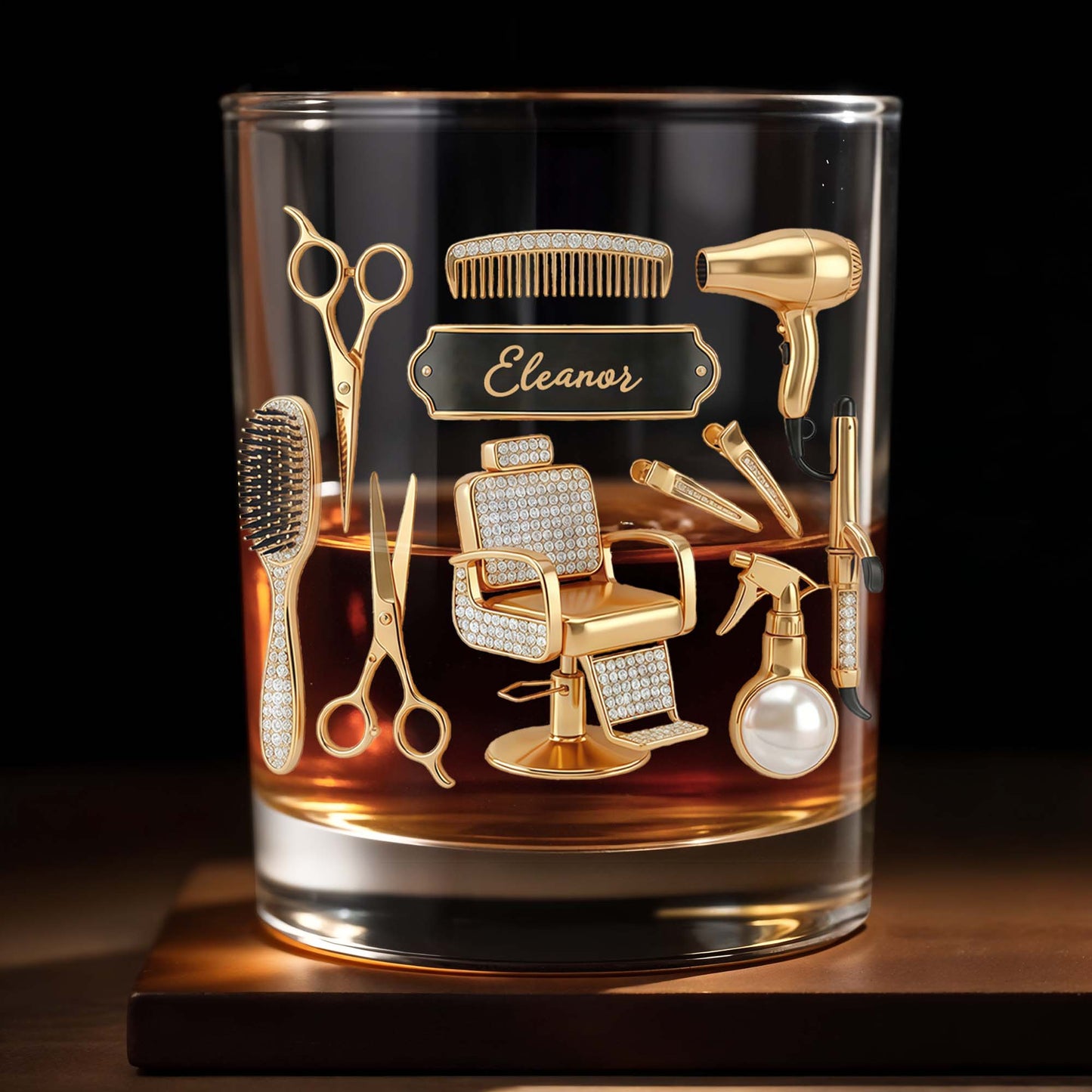 Hair Stylist Tools With Scissors And Barber Chair Custom Name - Personalized Custom Whiskey Glass - HAIR027_RWG