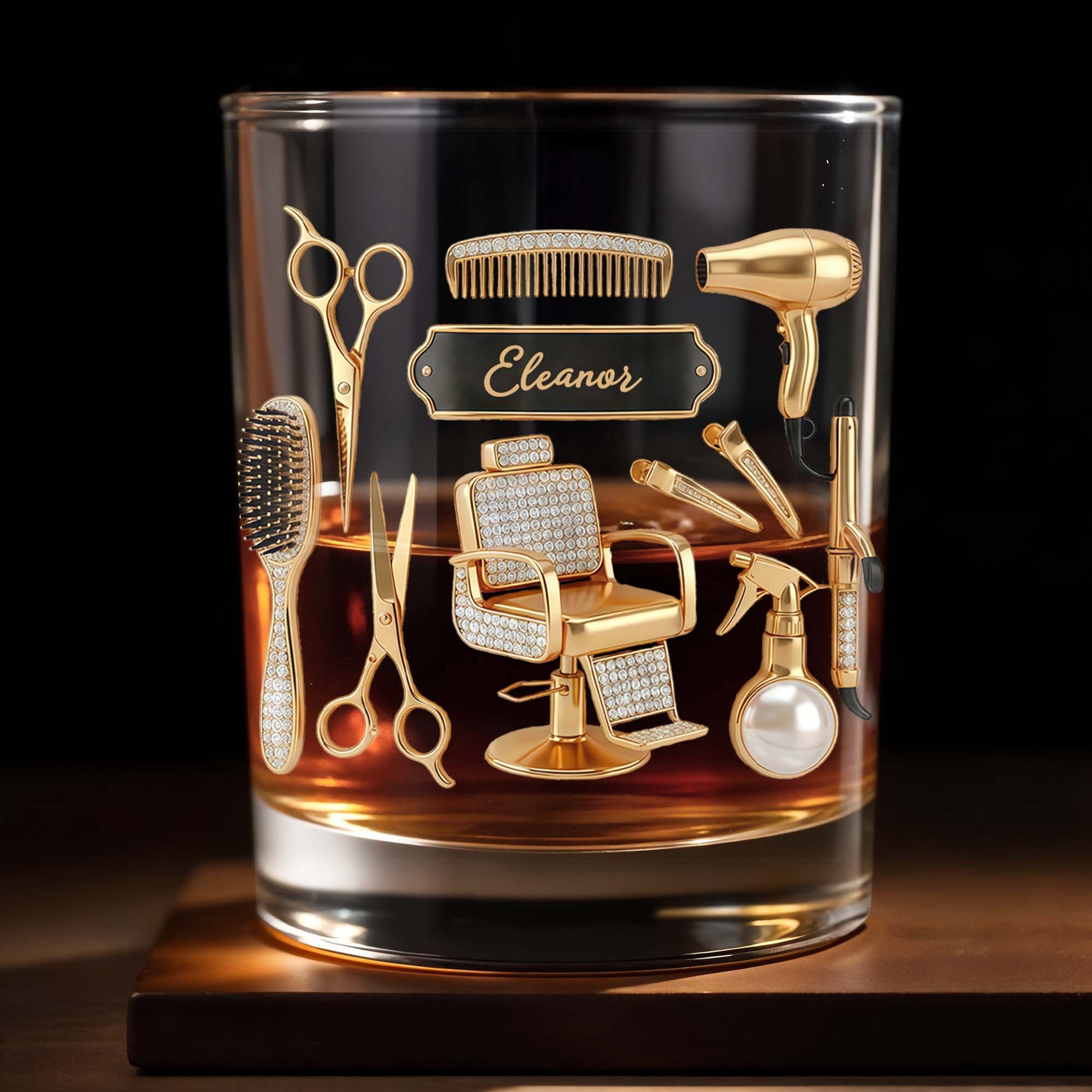 Hair Stylist Tools With Scissors And Barber Chair Custom Name - Personalized Custom Whiskey Glass - HAIR027_RWG