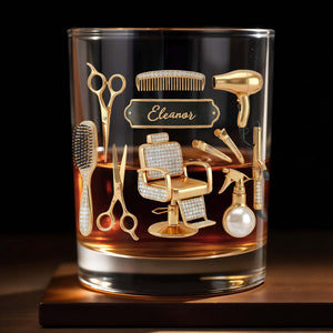 Hair Stylist Tools With Scissors And Barber Chair Custom Name - Personalized Custom Whiskey Glass - HAIR027_RWG