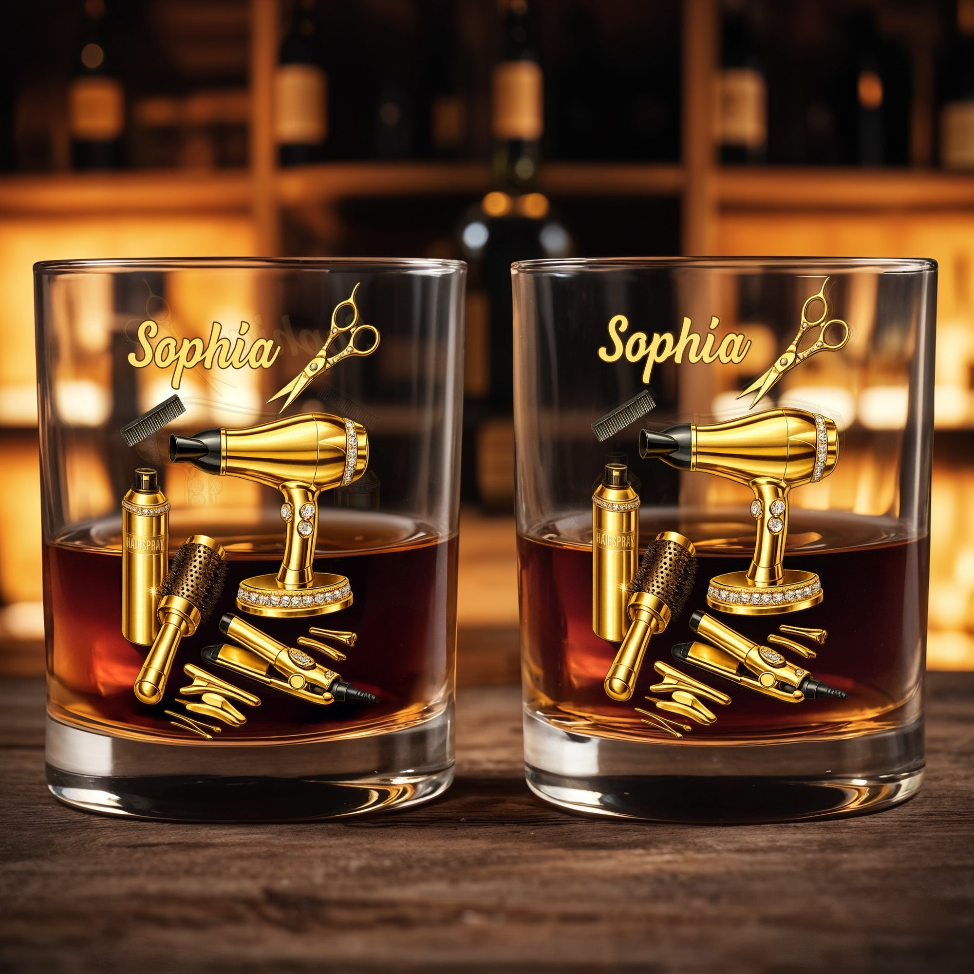 Fabulous Hair Stylist Tools And Accessories With Hair Dryer And Scissors - Personalized Custom Whiskey Glass - HAIR044_RWG