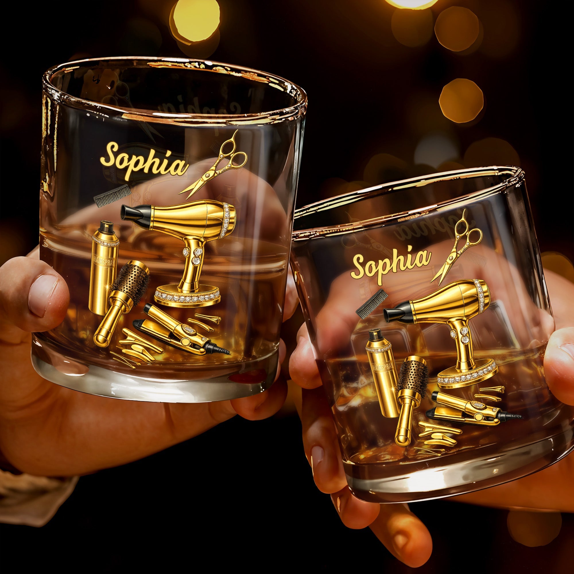 Fabulous Hair Stylist Tools And Accessories With Hair Dryer And Scissors - Personalized Custom Whiskey Glass - HAIR044_RWG