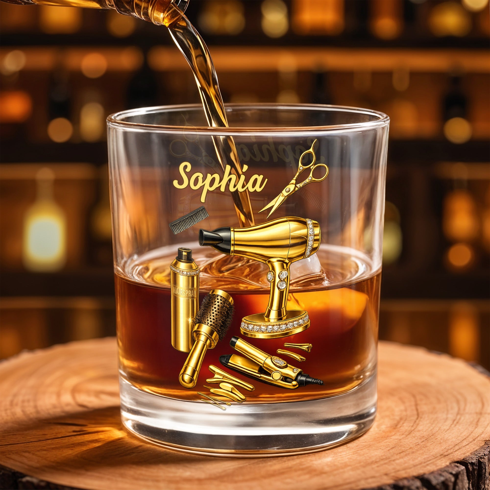 Fabulous Hair Stylist Tools And Accessories With Hair Dryer And Scissors - Personalized Custom Whiskey Glass - HAIR044_RWG