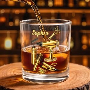 Fabulous Hair Stylist Tools And Accessories With Hair Dryer And Scissors - Personalized Custom Whiskey Glass - HAIR044_RWG