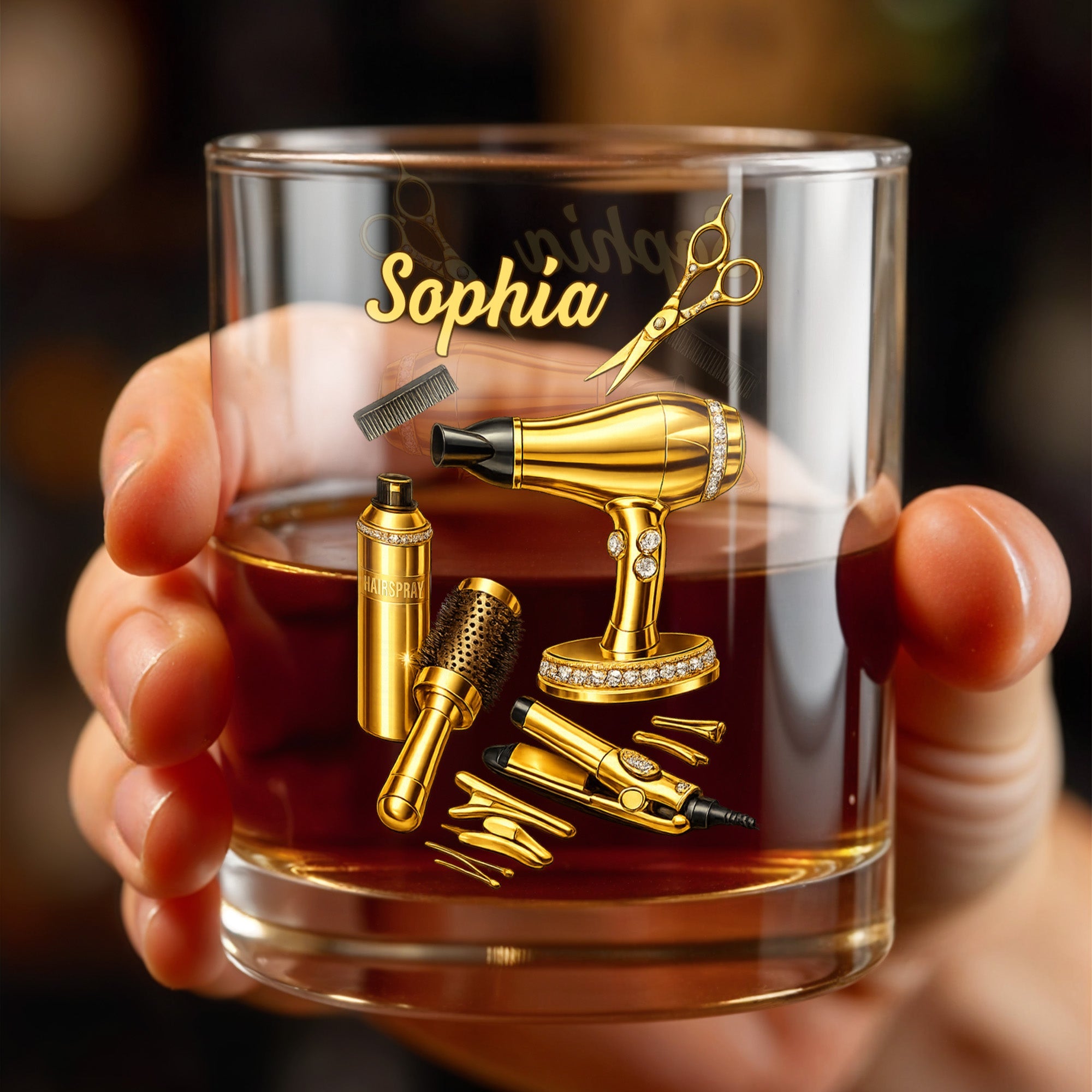 Fabulous Hair Stylist Tools And Accessories With Hair Dryer And Scissors - Personalized Custom Whiskey Glass - HAIR044_RWG