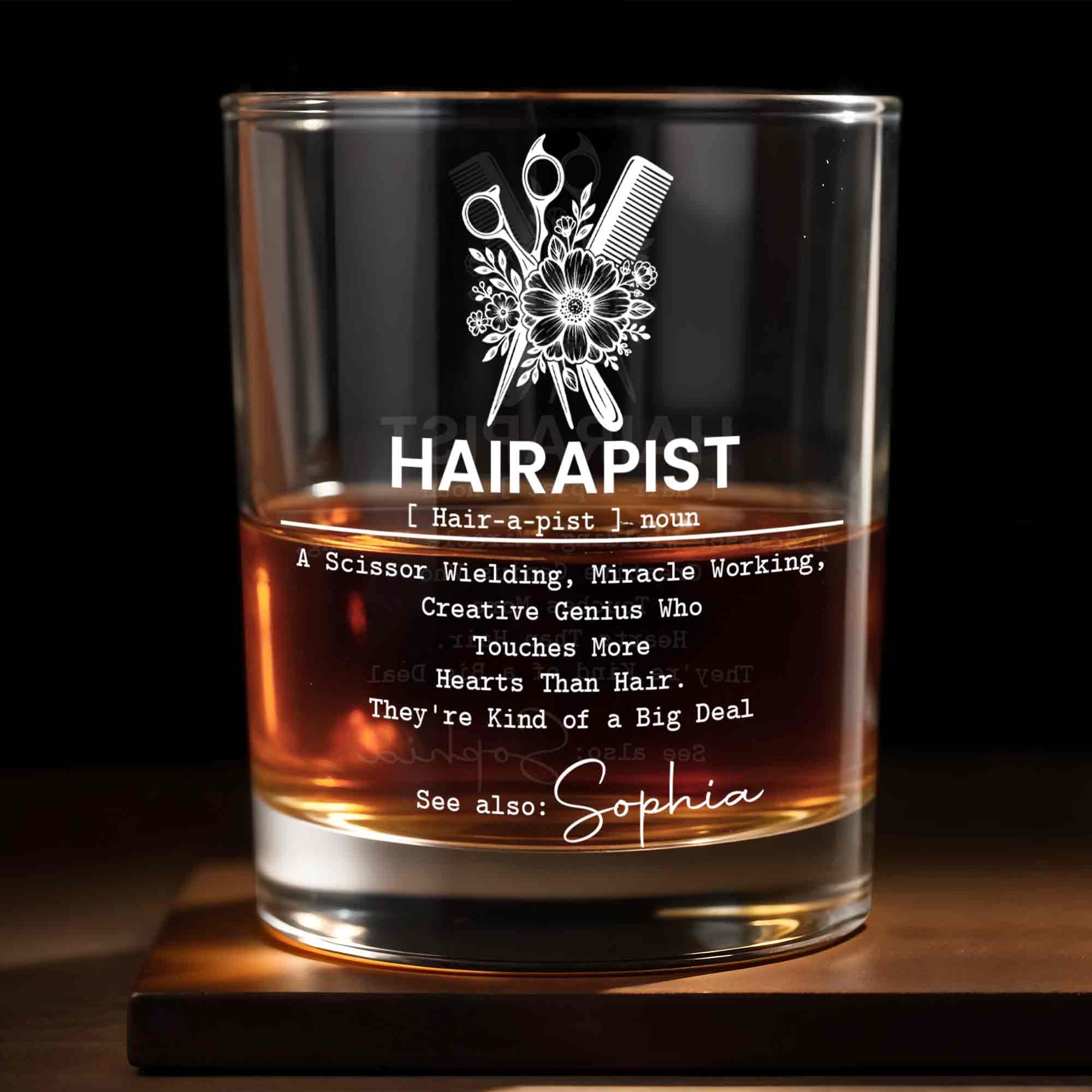 Hairapist Scissor Wielding Miracle Working Definition With Scissors Comb And Flowers - Personalized Custom Whiskey Glass - HAIR139_RWG
