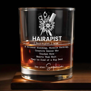 Hairapist Scissor Wielding Miracle Working Definition With Scissors Comb And Flowers - Personalized Custom Whiskey Glass - HAIR139_RWG