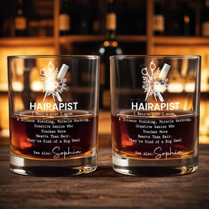 Hairapist Scissor Wielding Miracle Working Definition With Scissors Comb And Flowers - Personalized Custom Whiskey Glass - HAIR139_RWG