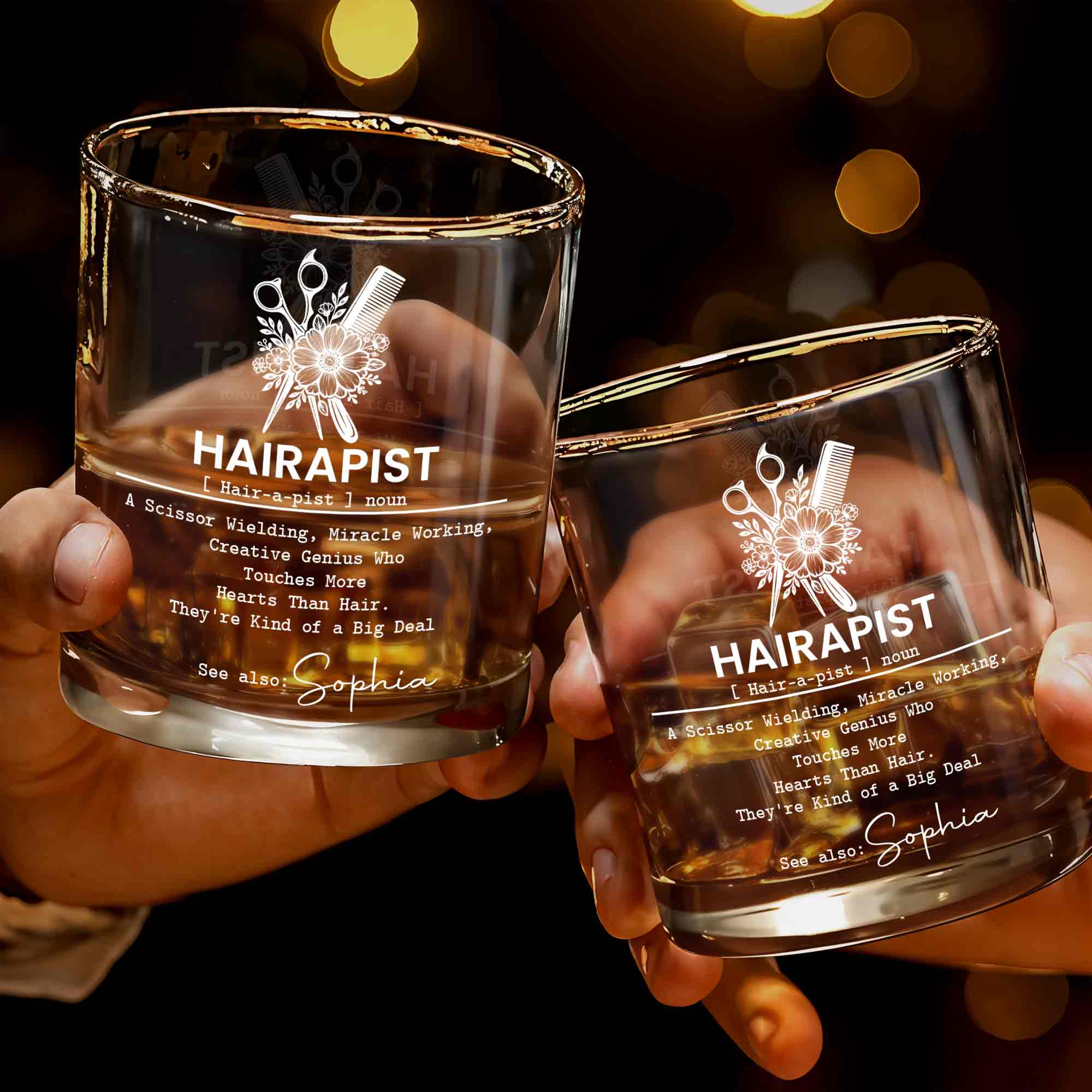 Hairapist Scissor Wielding Miracle Working Definition With Scissors Comb And Flowers - Personalized Custom Whiskey Glass - HAIR139_RWG
