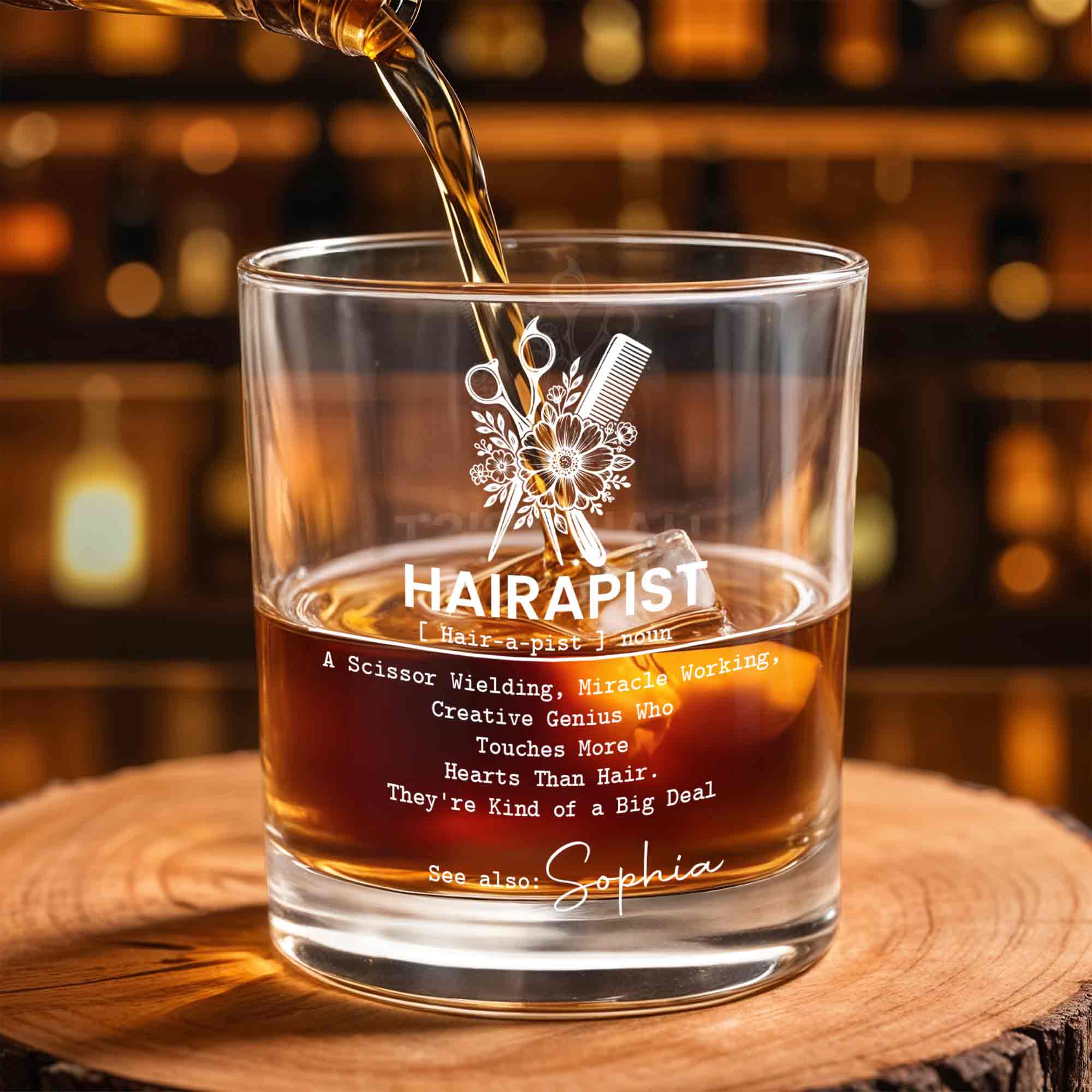 Hairapist Scissor Wielding Miracle Working Definition With Scissors Comb And Flowers - Personalized Custom Whiskey Glass - HAIR139_RWG