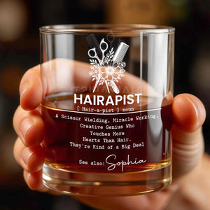 Hairapist Scissor Wielding Miracle Working Definition With Scissors Comb And Flowers - Personalized Custom Whiskey Glass - HAIR139_RWG