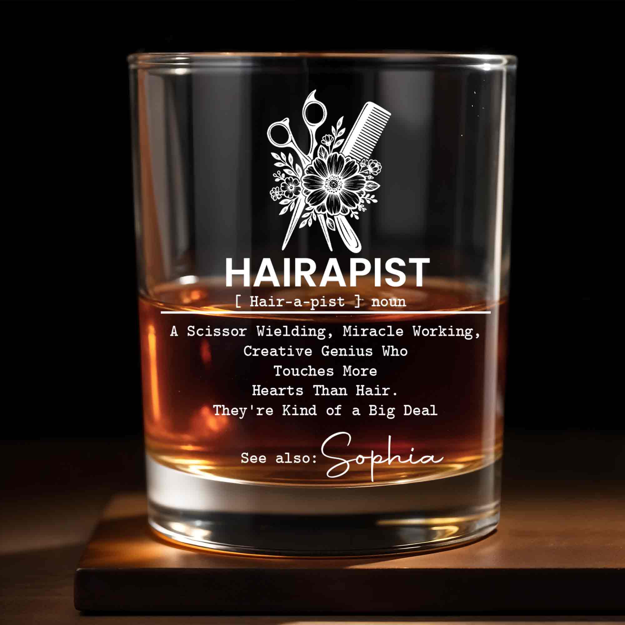 Hairapist Scissor Wielding Miracle Working Definition With Scissors Comb And Flowers - Personalized Custom Whiskey Glass - HAIR139_RWG