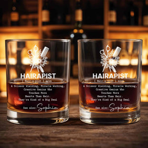 Hairapist Scissor Wielding Miracle Working Definition With Scissors Comb And Flowers - Personalized Custom Whiskey Glass - HAIR139_RWG