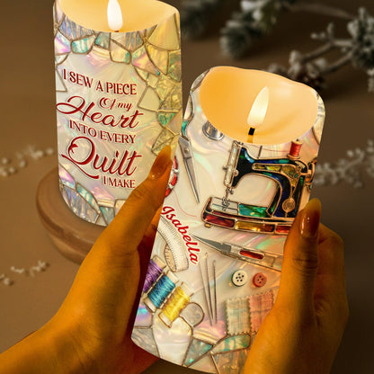 I Sew A Piece Of My Heart Into Every Quilt Sewing Machine And Tools - Personalized Custom LED Candle - HAND005_LECA