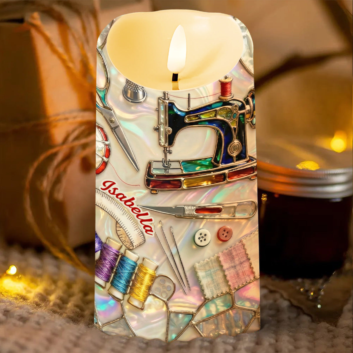 I Sew A Piece Of My Heart Into Every Quilt Sewing Machine And Tools - Personalized Custom LED Candle - HAND005_LECA