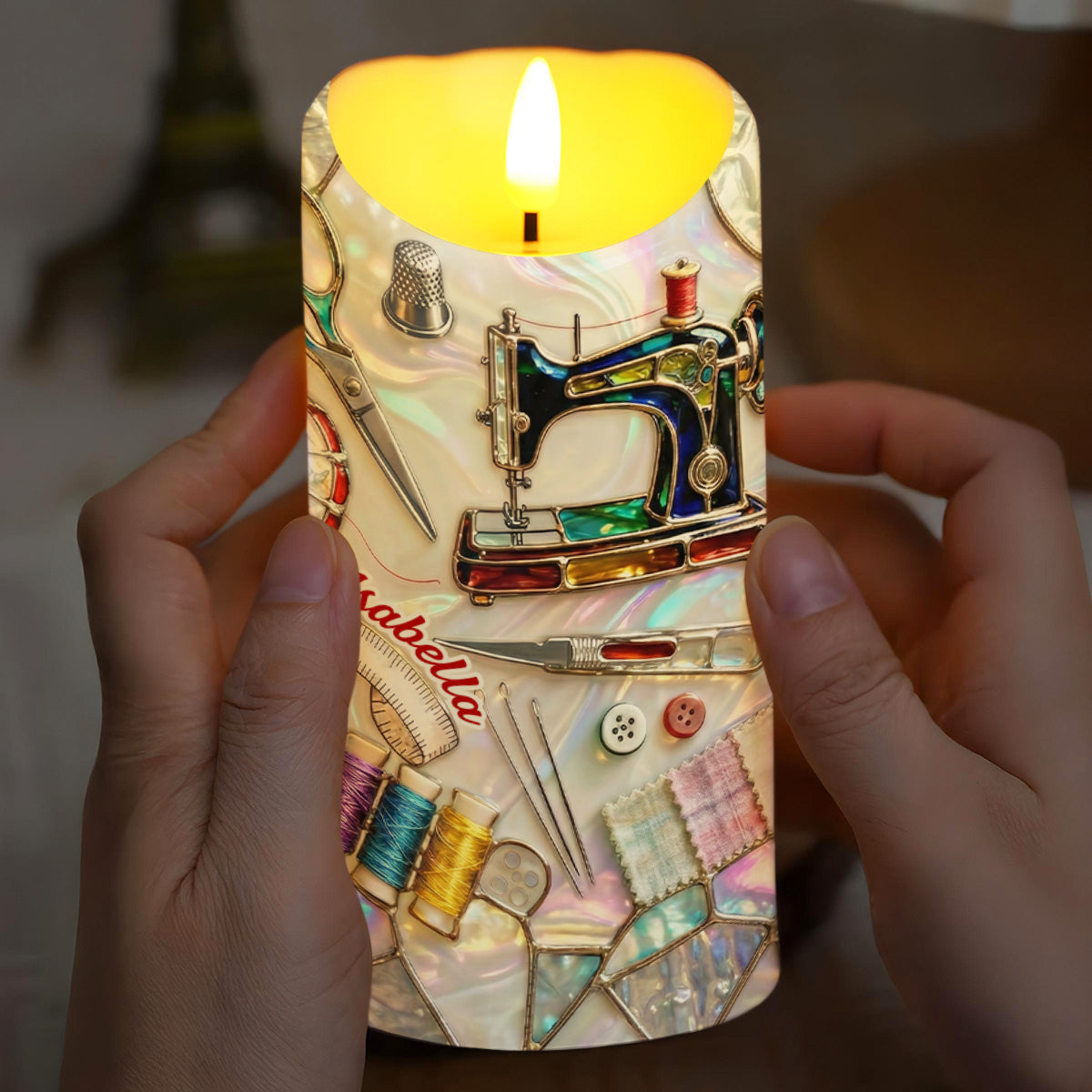 I Sew A Piece Of My Heart Into Every Quilt Sewing Machine And Tools - Personalized Custom LED Candle - HAND005_LECA