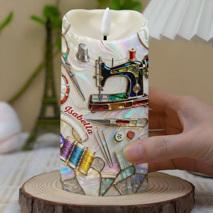 I Sew A Piece Of My Heart Into Every Quilt Sewing Machine And Tools - Personalized Custom LED Candle - HAND005_LECA