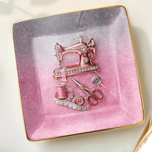 A Life Stitched With Love Sewing Machine Scissors And Thread - Personalized Custom Jewelry Dish, Ceramic Dish, Square Shape - HAND012_SCRF