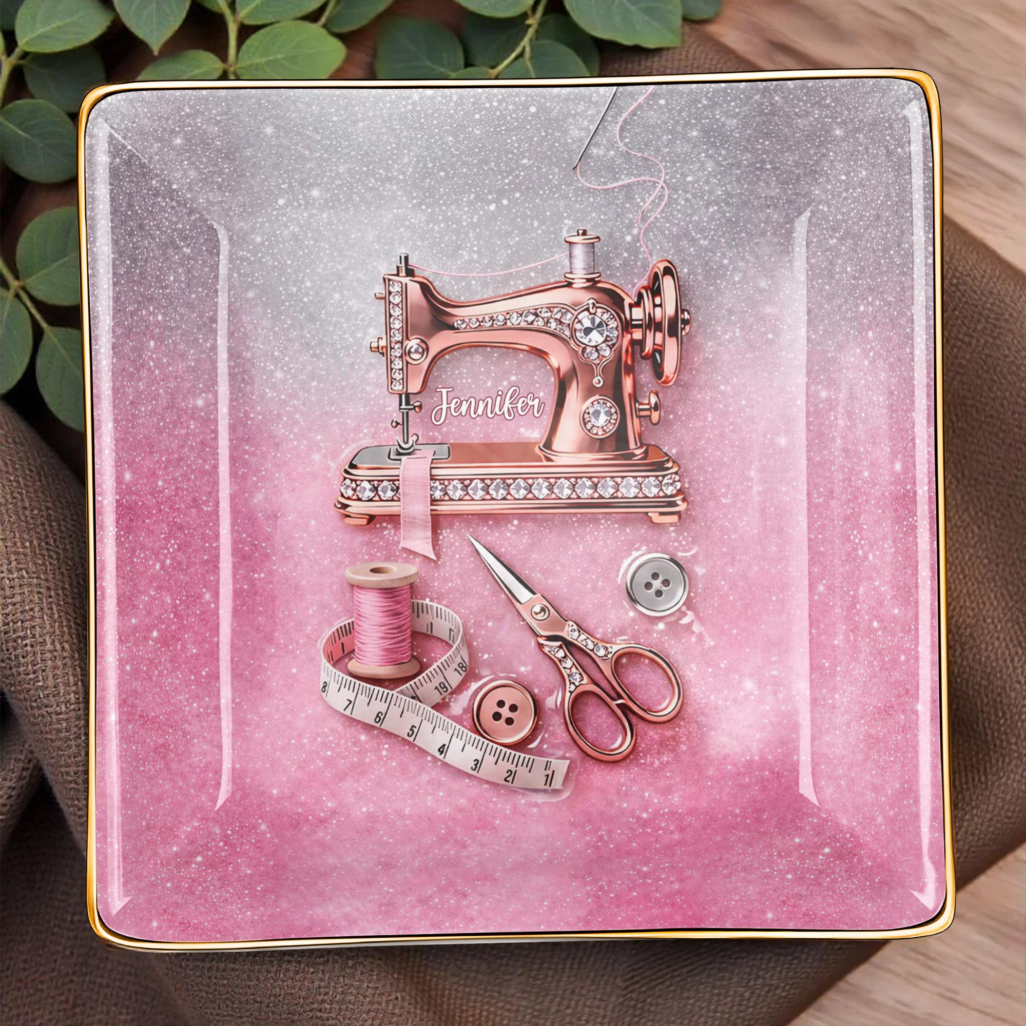 A Life Stitched With Love Sewing Machine Scissors And Thread - Personalized Custom Jewelry Dish, Ceramic Dish, Square Shape - HAND012_SCRF