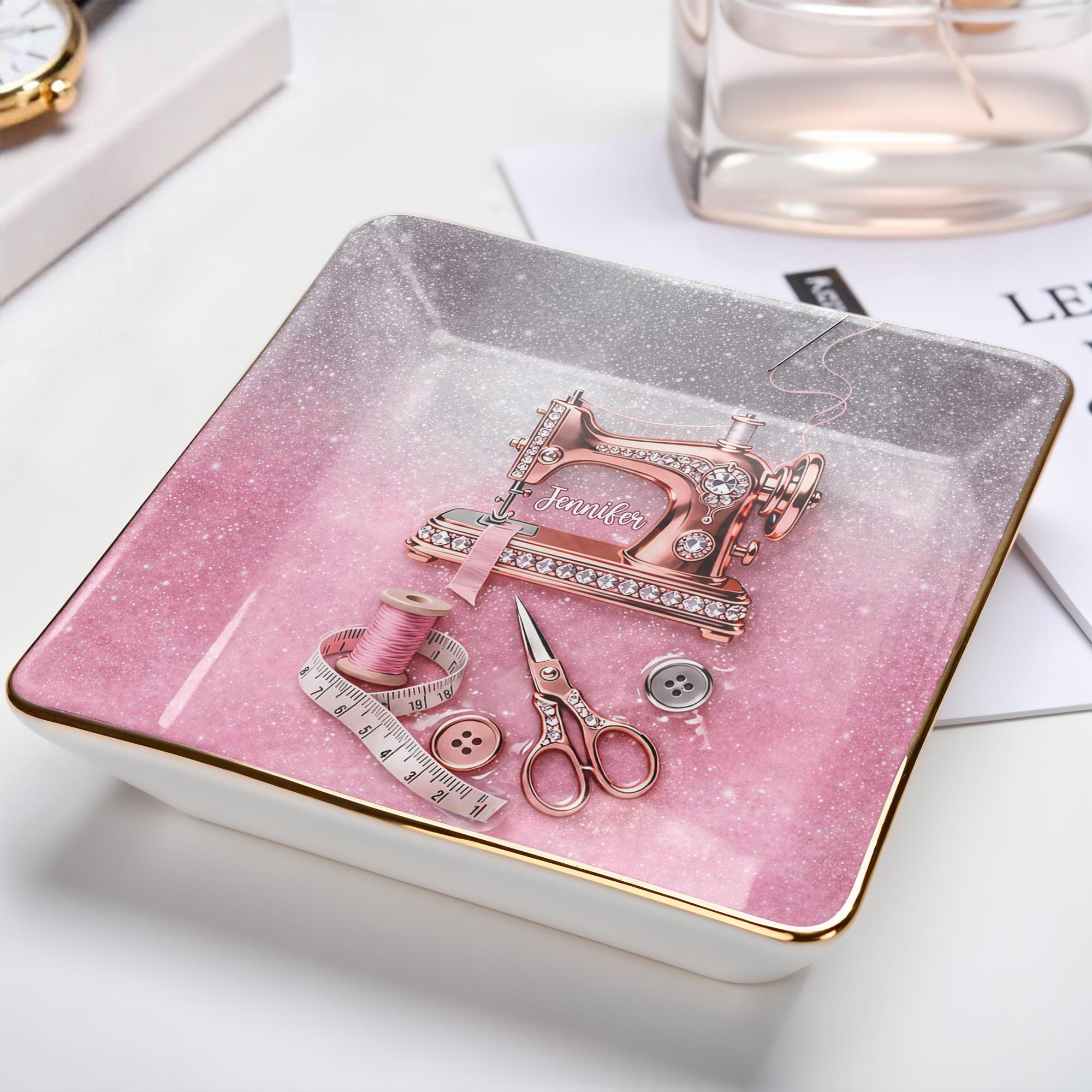 A Life Stitched With Love Sewing Machine Scissors And Thread - Personalized Custom Jewelry Dish, Ceramic Dish, Square Shape - HAND012_SCRF