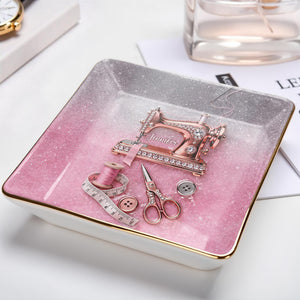 A Life Stitched With Love Sewing Machine Scissors And Thread - Personalized Custom Jewelry Dish, Ceramic Dish, Square Shape - HAND012_SCRF