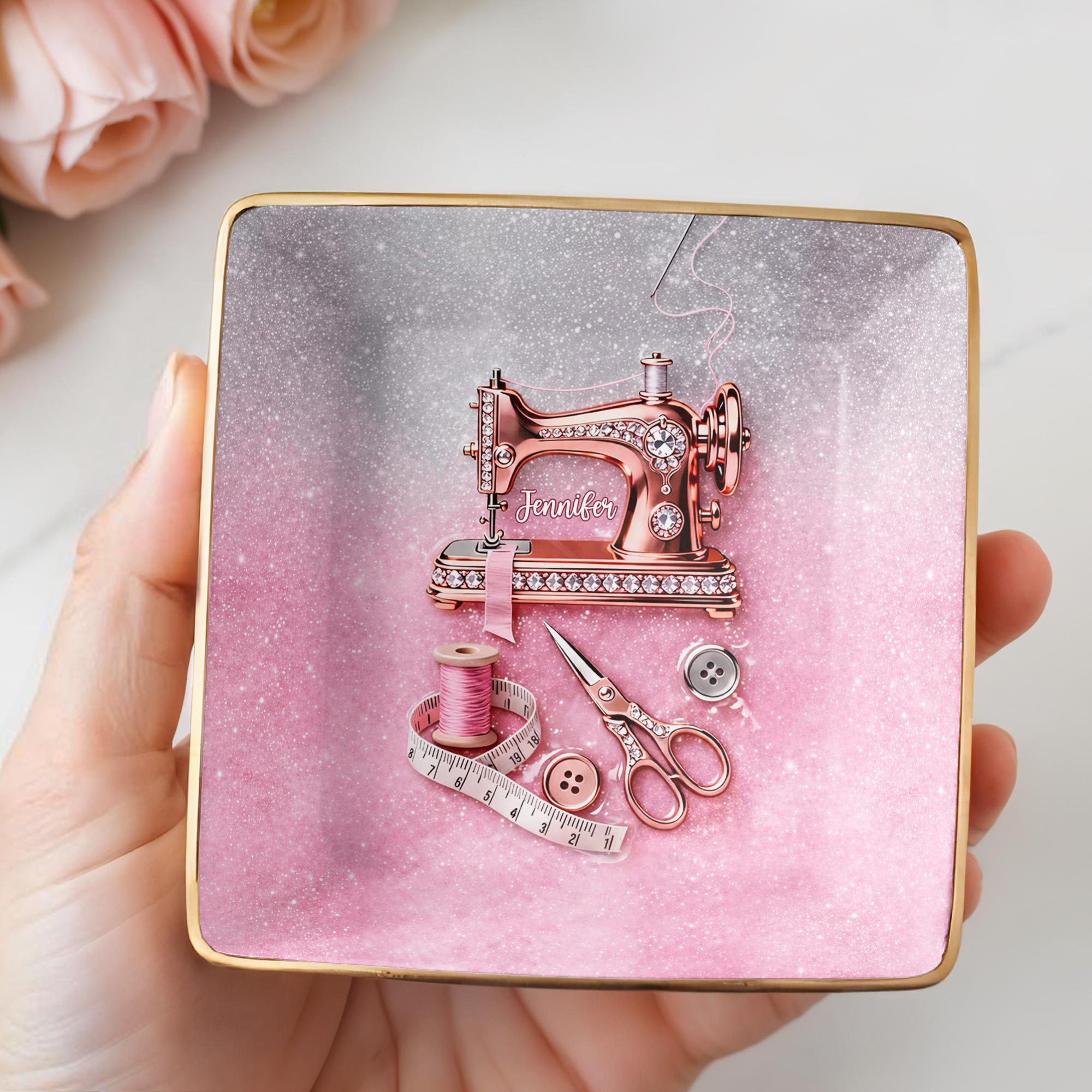 A Life Stitched With Love Sewing Machine Scissors And Thread - Personalized Custom Jewelry Dish, Ceramic Dish, Square Shape - HAND012_SCRF