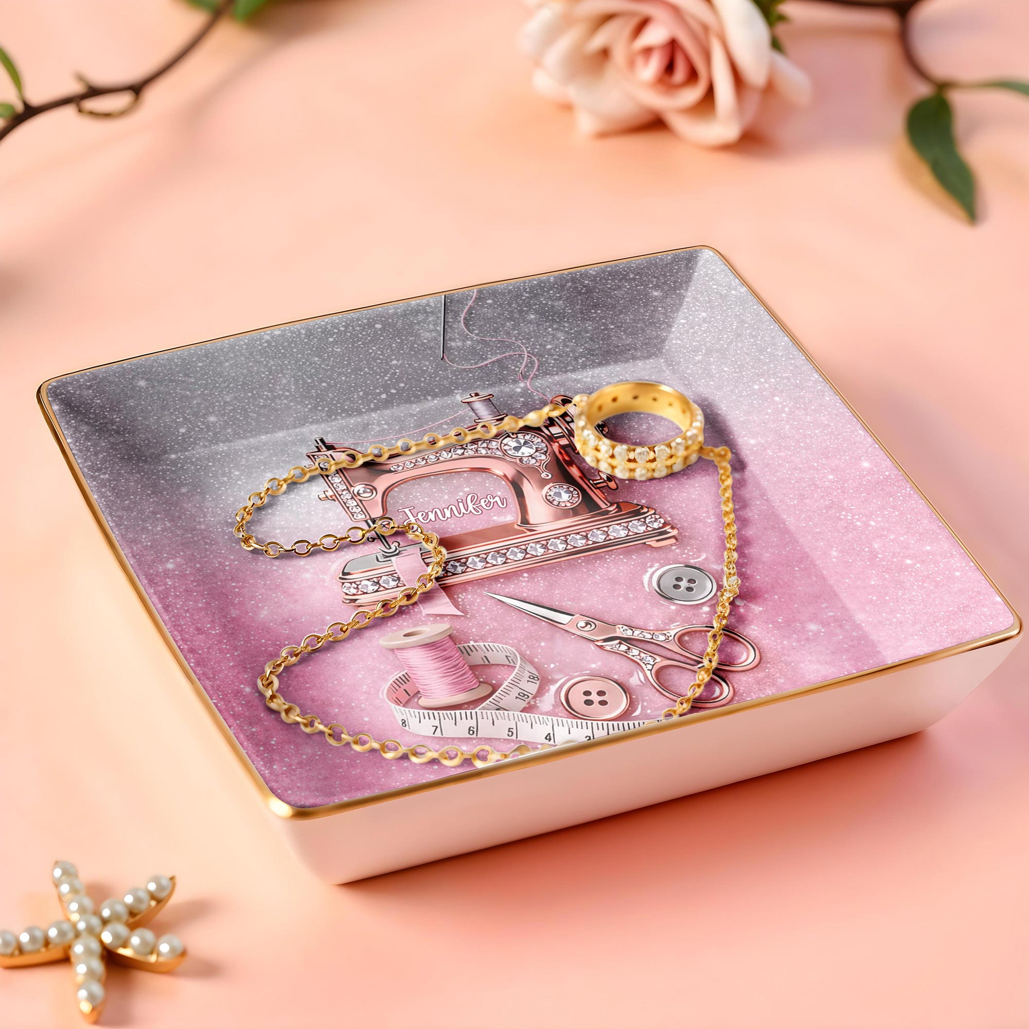 A Life Stitched With Love Sewing Machine Scissors And Thread - Personalized Custom Jewelry Dish, Ceramic Dish, Square Shape - HAND012_SCRF