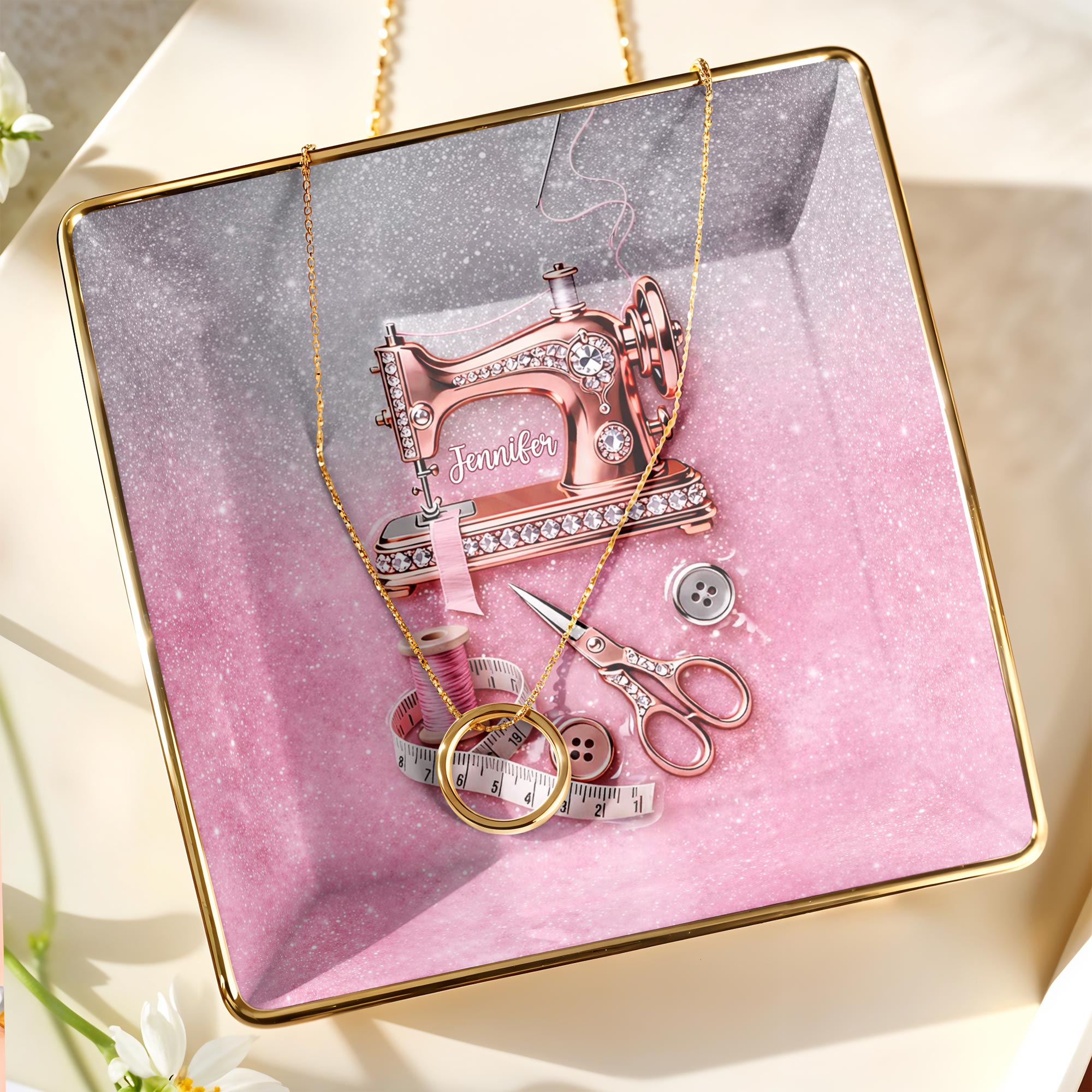A Life Stitched With Love Sewing Machine Scissors And Thread - Personalized Custom Jewelry Dish, Ceramic Dish, Square Shape - HAND012_SCRF