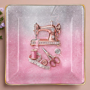 A Life Stitched With Love Sewing Machine Scissors And Thread - Personalized Custom Jewelry Dish, Ceramic Dish, Square Shape - HAND012_SCRF