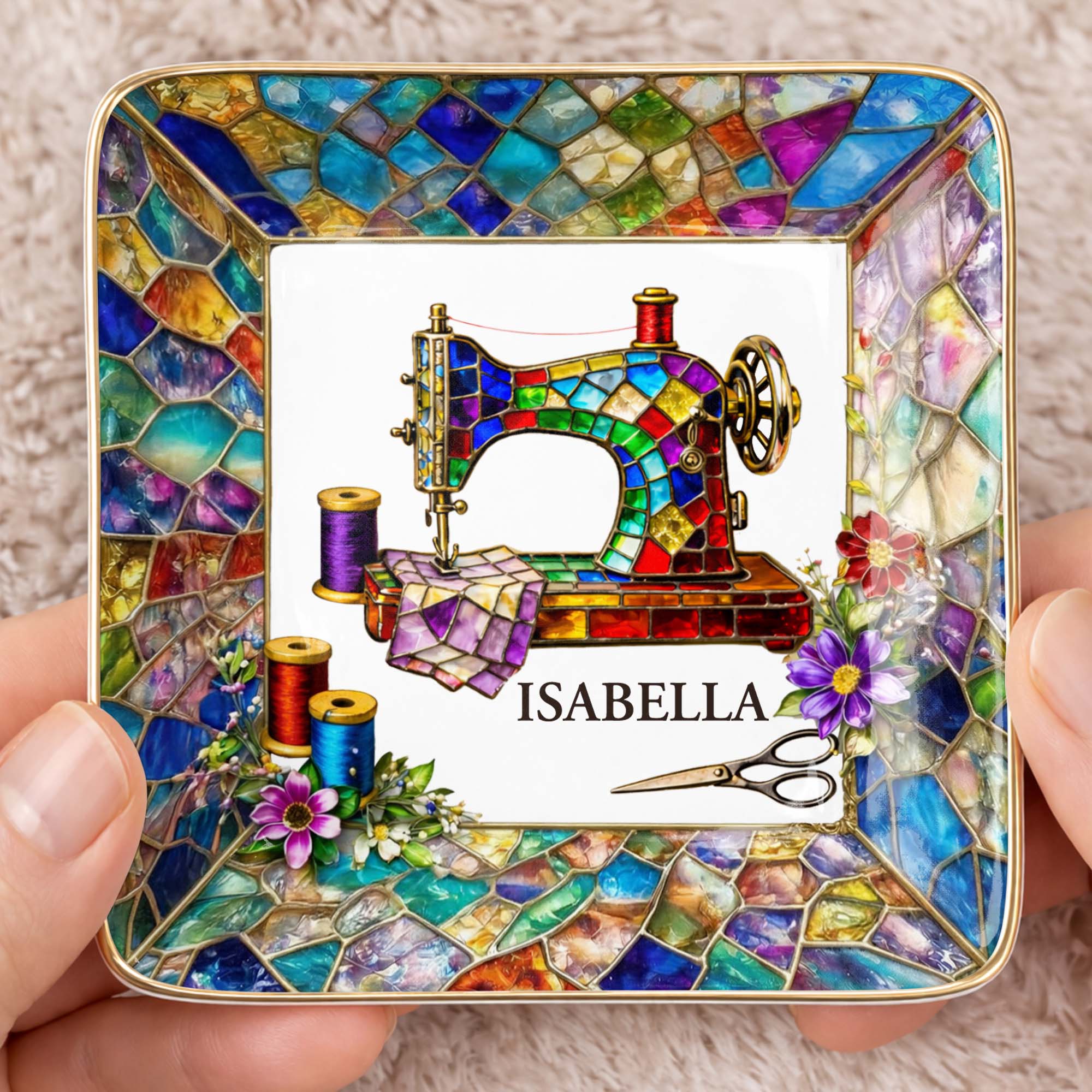 Stained Glass Sewing Machine With Flowers And Thread Spools - Personalized Custom Jewelry Dish, Ceramic Dish, Square Shape - HAND022_SCRF